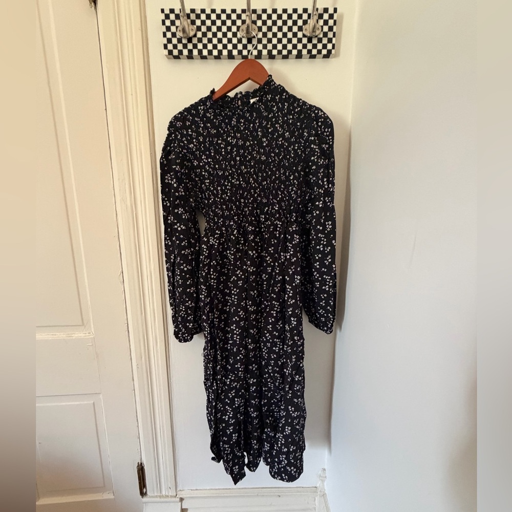 a new day Black and White Floral Long Sleeve Smocked Midi Dress